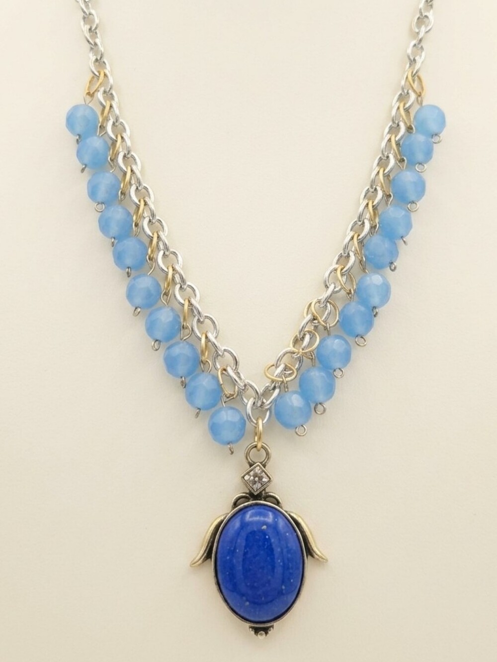 VTG Lapis Lazuli Cabochon Pendant Blue Glass Facet Bead Chain Statement Necklace